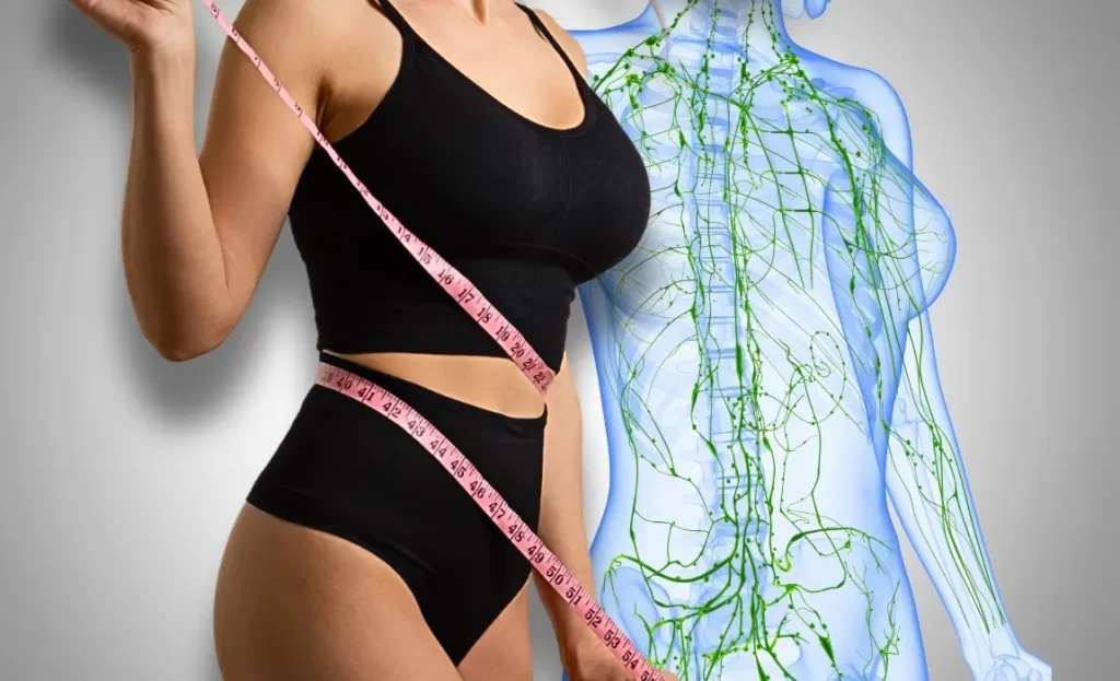 woman with measuring tape around waist after detox slimming treatment, lymphatic illustration in back