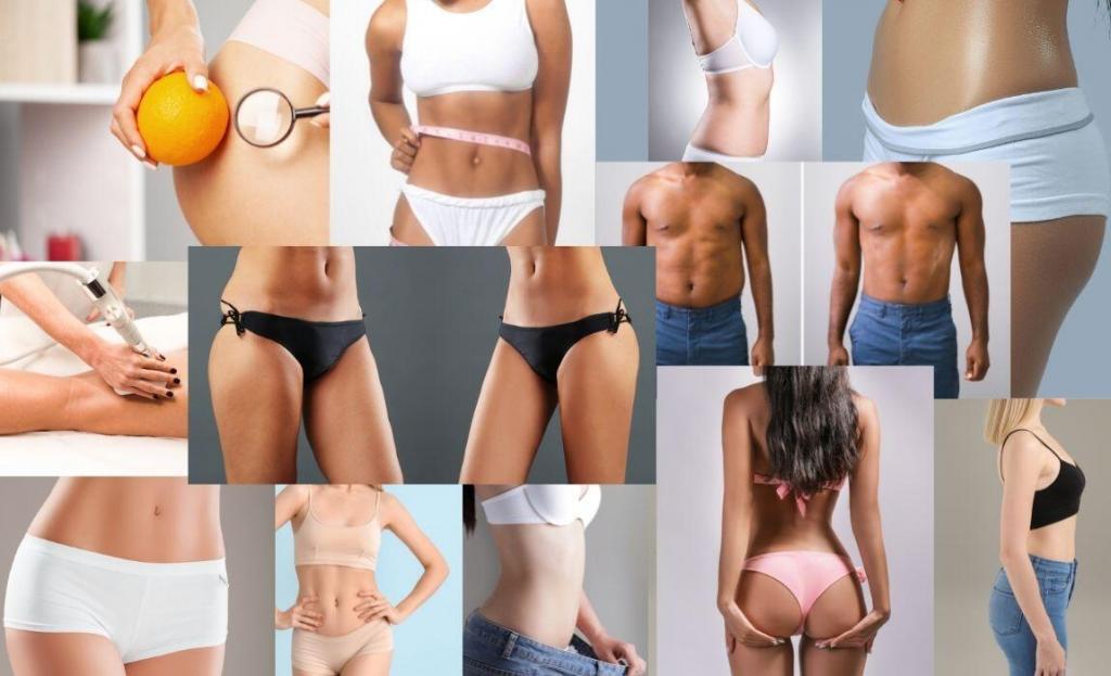 collage of body contouring before & after and stock images of bodies