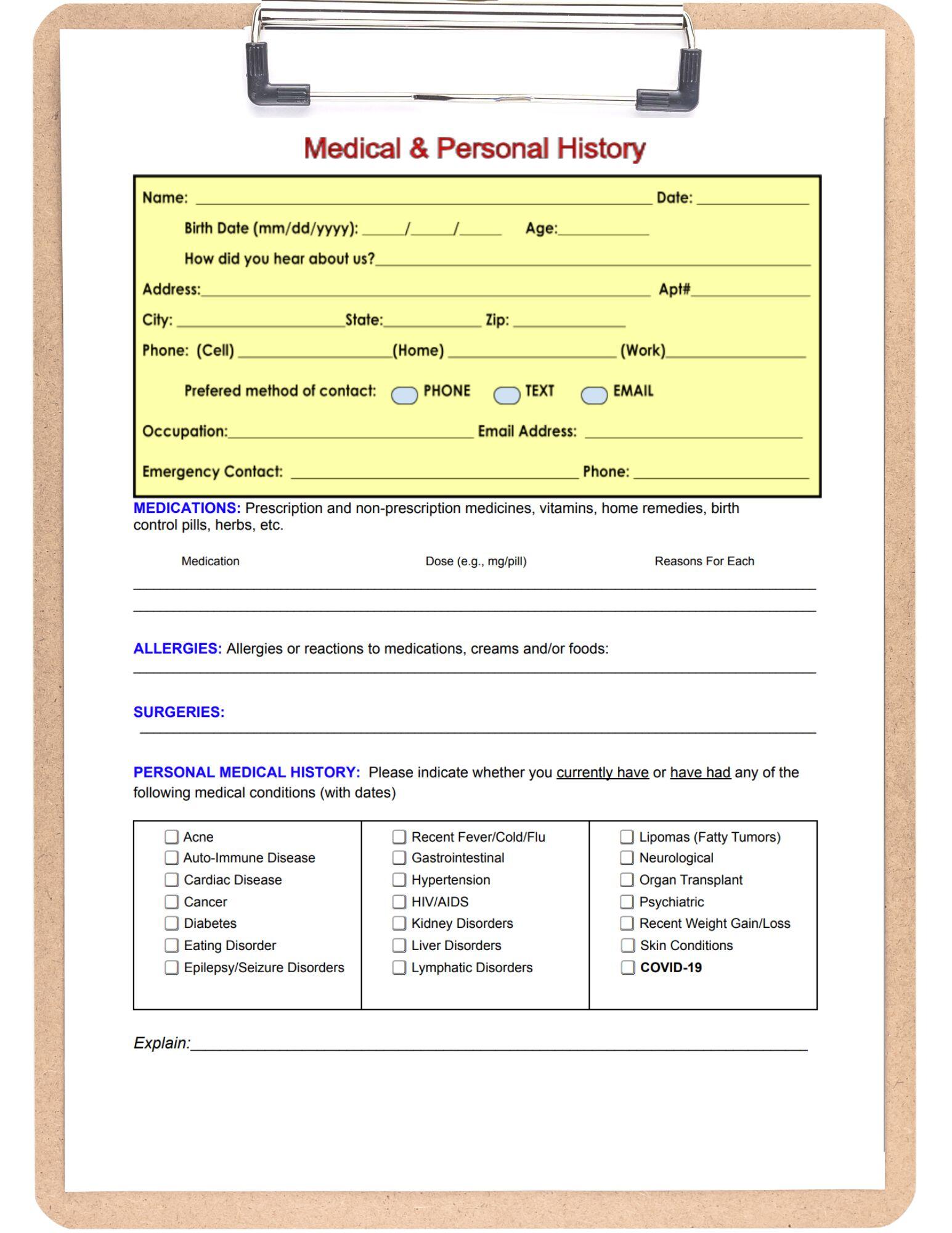 Medical history form Medical history form for body contouring practice