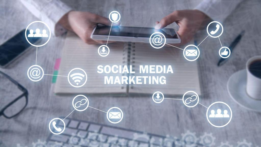 woman's hands using smart phone at desk with icons representing social media marketing for body contouring