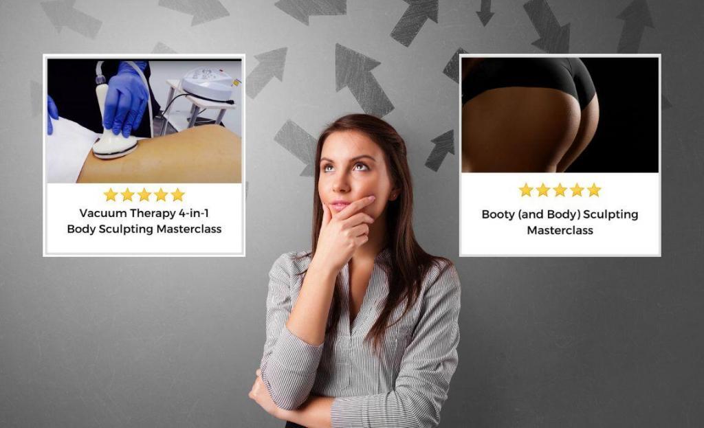 woman looking up with arrows above her deciding on between two online vacuum therapy courses