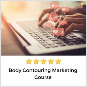 woman typing on keyboard with 5 stars for Body Contouring Marketing Course