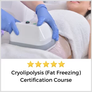 woman having fat freezing treatment on abs with 5 stars for Cryolipolysis (fat freezing) certification course