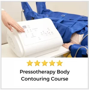 pressotherapy on a client with machine in front and 5 stars describing pressotherapy body contouring course