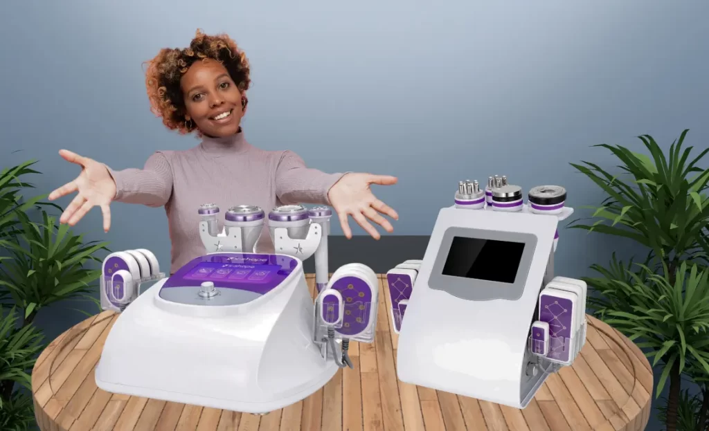 woman with her hands open behind S-Shape Cavitation and 6in1 Cavitation machine on a round table