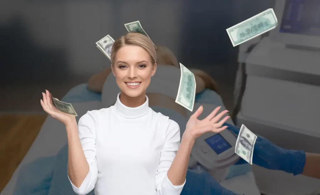 woman throwing money in the air with a fat freezing treatment in the background