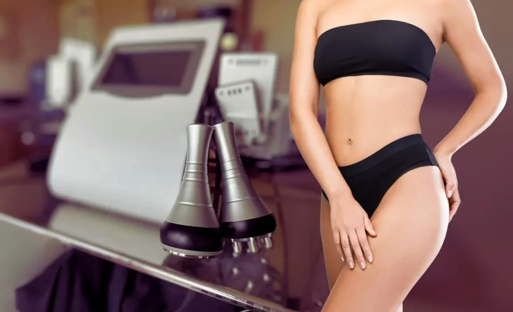 woman with smooth tight skin standing in front of cavitation, radio frequency device