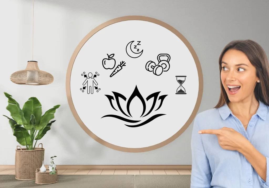 woman pointing to graphics representing five categories of wellness services