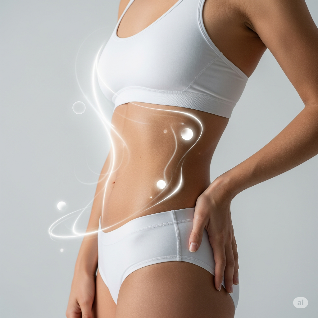 Woman's contoured midsection with energetic light trails, representing the effects of Lipo Laser therapy for body shaping