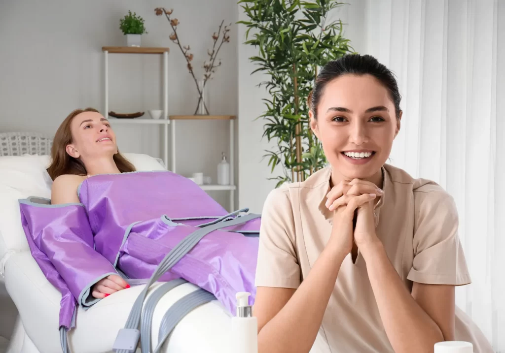 massage therapist with a woman receiving pressotherpypressotherapy
