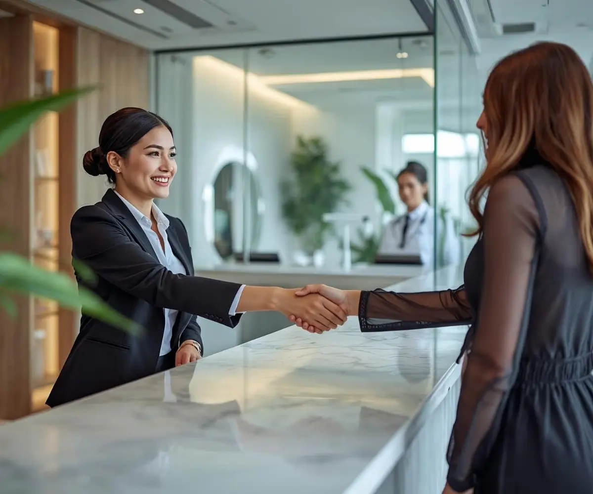 A thriving body contouring clinic showing an active reception area and professional consultations, illustrating the results of a predictable client booking system.