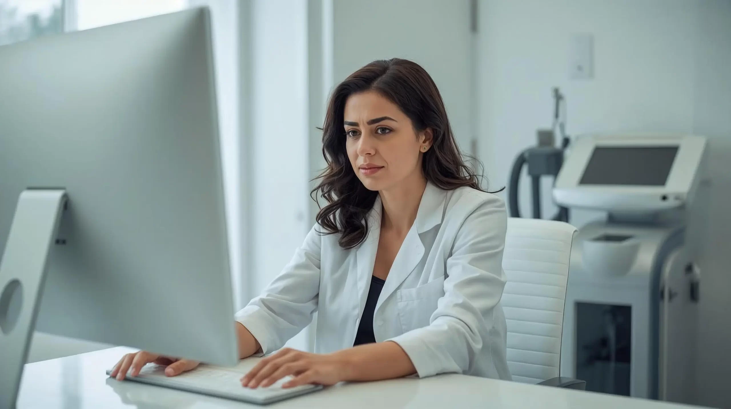 Frustrated female body contouring clinic owner at a desk looking at her phone, representing med spa marketing challenges and unpredictable booking schedules.