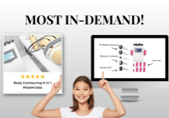 happy woman pointing up at the 6-in-1 body contouring training course online