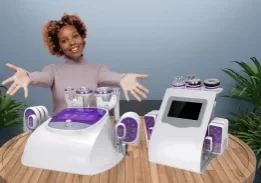 woman with her hands open behind S-Shape Cavitation and 6in1 Cavitation machine on a round table
