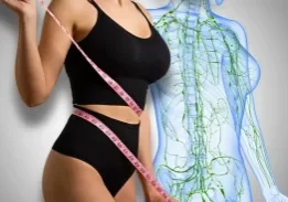 woman with measuring tape around waist after detox slimming treatment, lymphatic illustration in back
